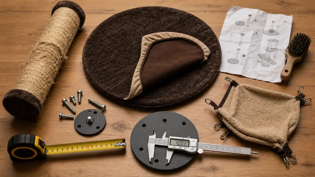 Accessoires pour arbre à chat : pièces et modules vérifiés avec mètre et pied à coulisse