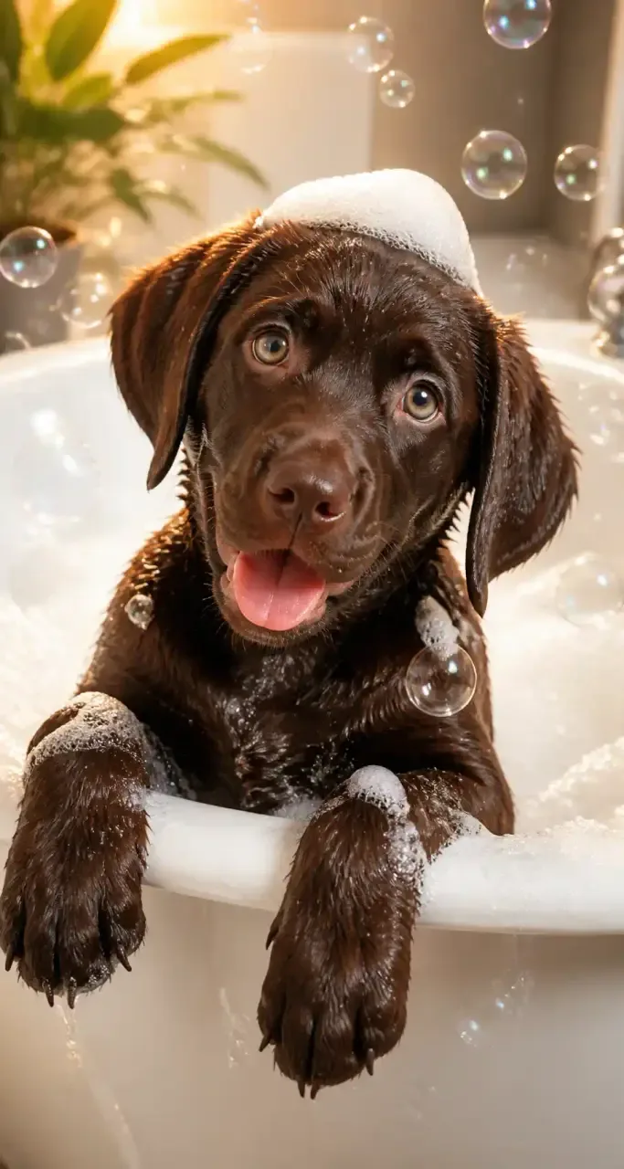 Chiot labrador chocolat pendant son bain