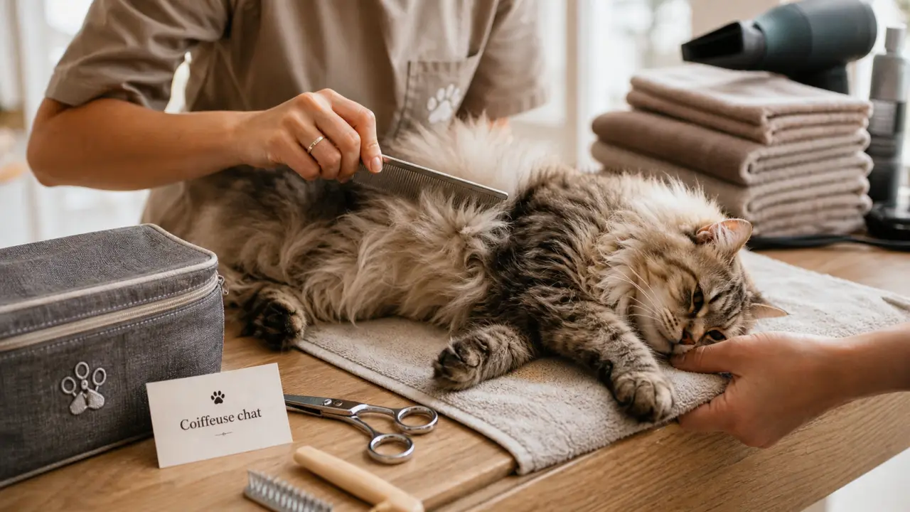 Coiffeuse chat en salon ou domicile, peigne fin et toilettage du chat