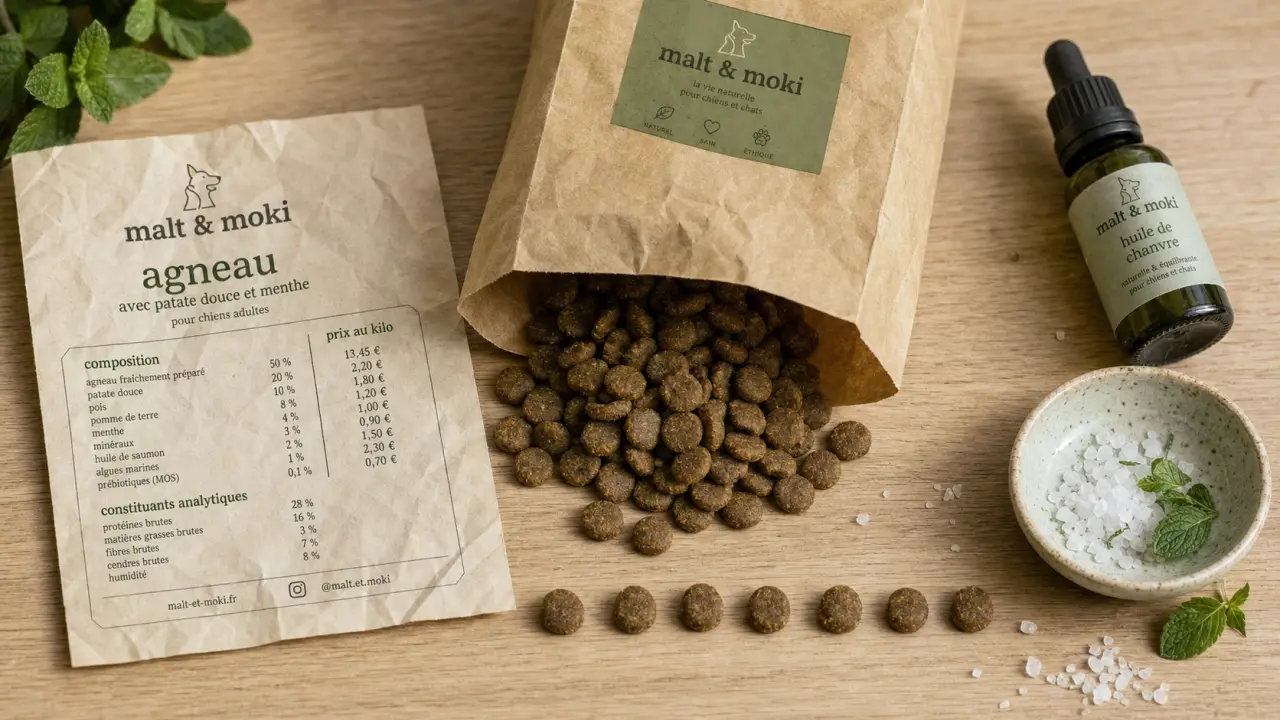 Sac de croquettes pour chien agneau et étiquette prix au kilo, vue de dessus.