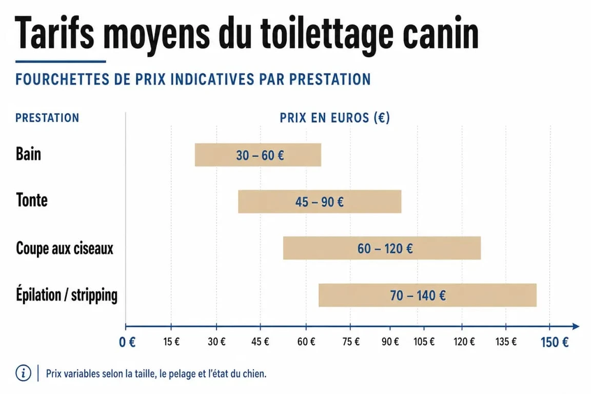 Tableau comparatif des tarifs de toilettage pour chien : bain, tonte, coupe et épilation