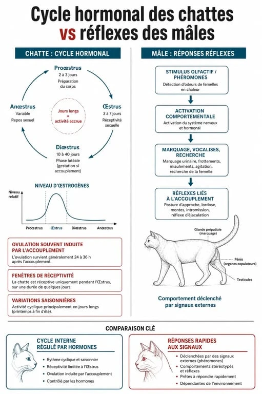 Infographie comparative : différence entre chaleurs chez la femelle et comportements sexuels chez le chat mâle stérilisé