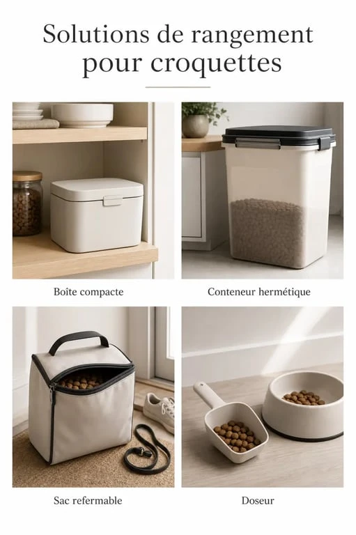 Comparatif visuel du rangement croquettes chien avec boîte, conteneur hermétique, sac de transport et doseur