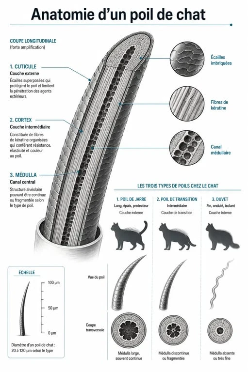 Schéma anatomique expliquant la structure du poil du chat et les différentes couches de la fourrure