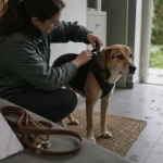 Garderie chien Rennes : dog-sitter attache un harnais à un chien calme
