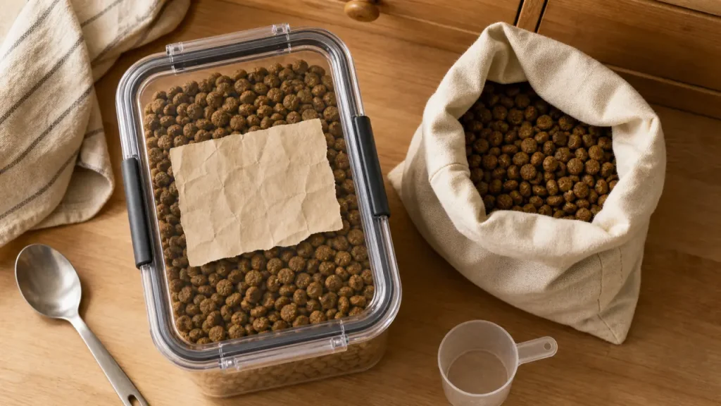 Rangement croquettes chien : boîte hermétique avec croquettes, sac et doseur