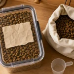 Rangement croquettes chien : boîte hermétique avec croquettes, sac et doseur