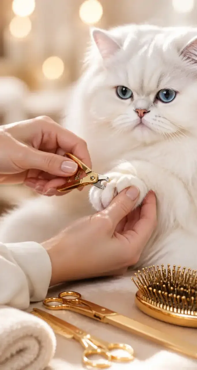Soin des griffes d'un chat persan blanc