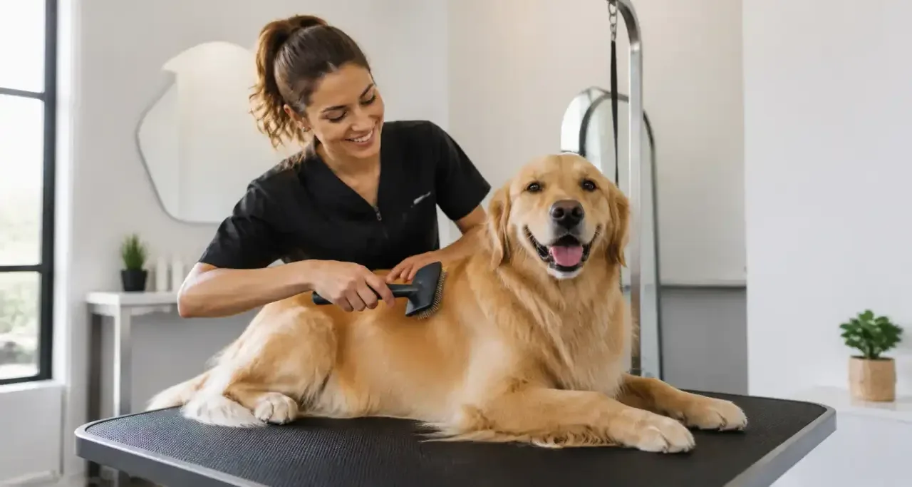 Golden retriever toiletté dans un salon professionnel