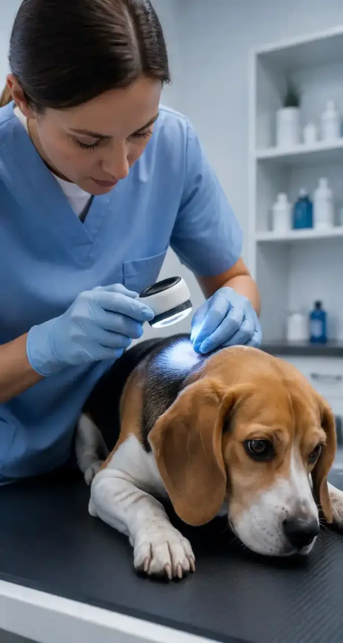 Vétérinaire examinant la peau d'un beagle