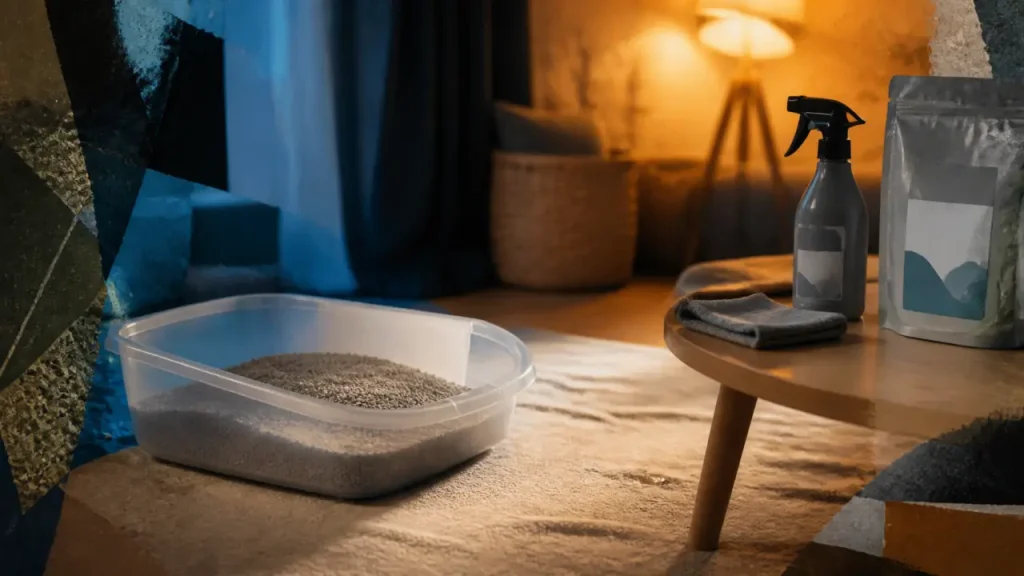 Chat fait pipi partout : litière, flaque et spray nettoyant