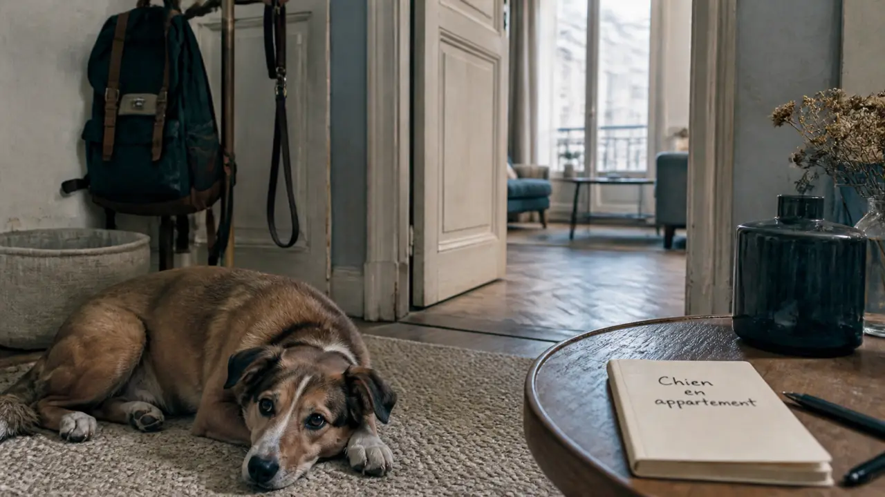 Chien en appartement au calme sur tapis, laisse et sac de promenade