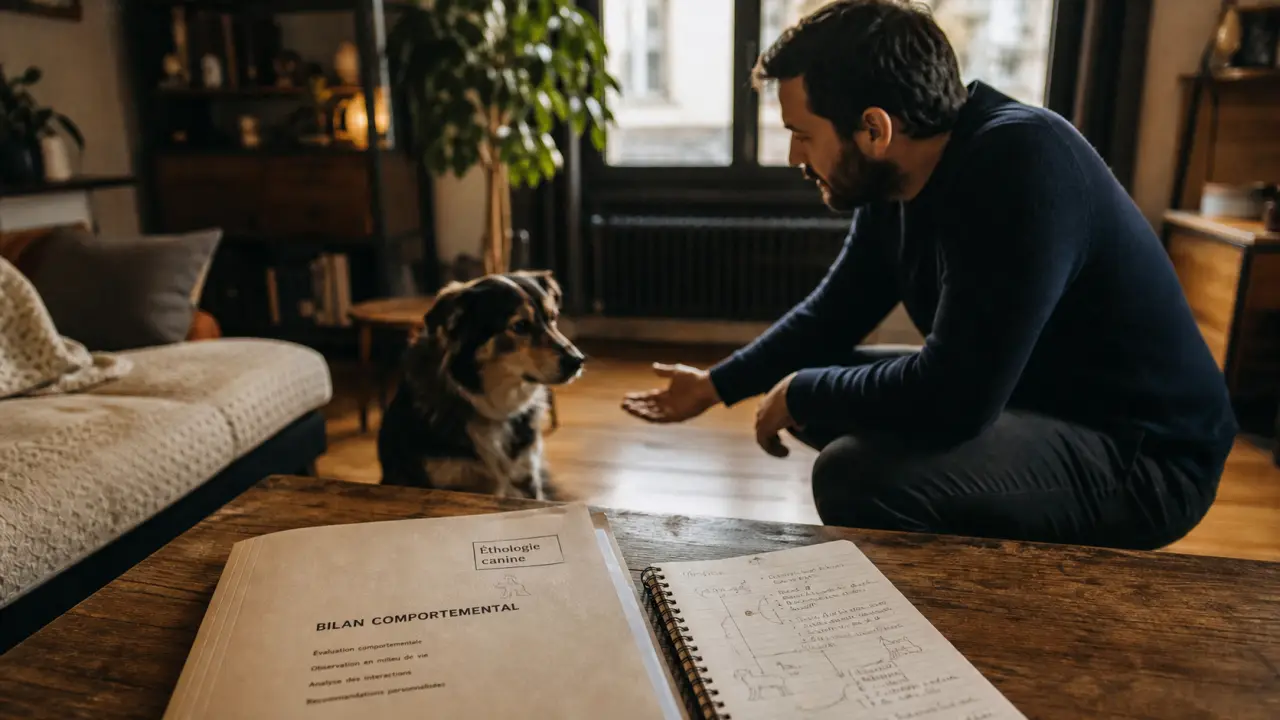 Comportementaliste chien Rennes réalisant un bilan à domicile avec un chien calme