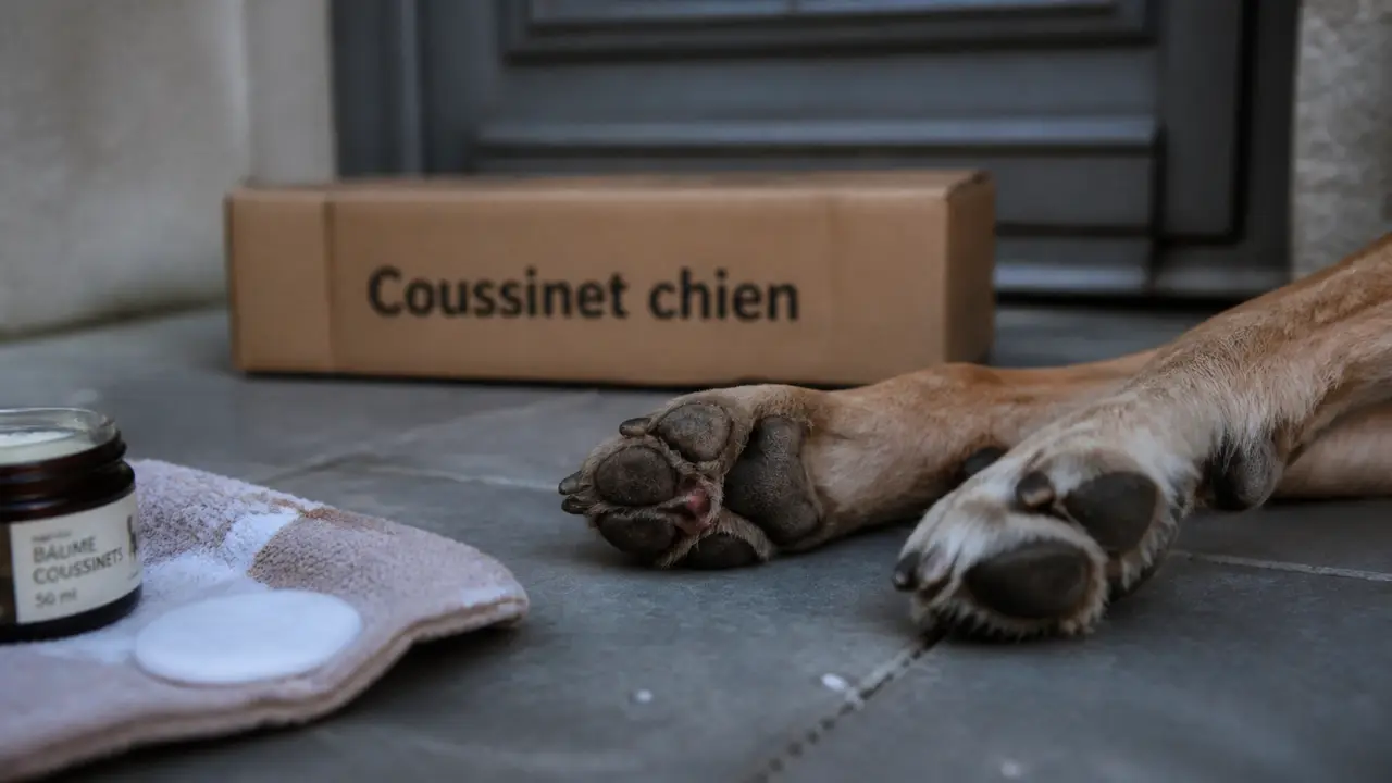 Coussinet chien abîmé : pattes avec baume, sel et compresse sur dalles froides