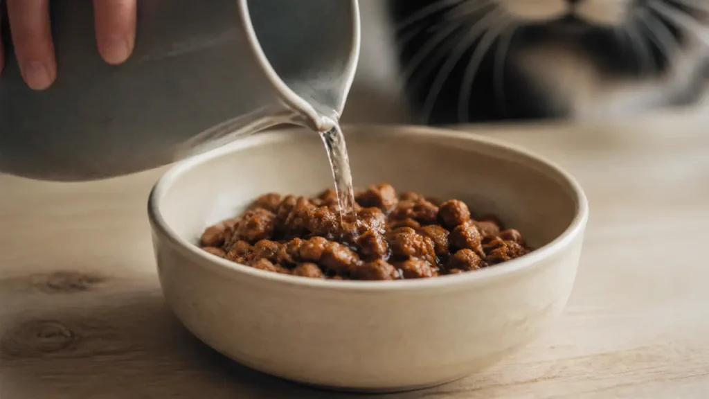 Croquettes molles chat : eau tiède ramollissant les croquettes