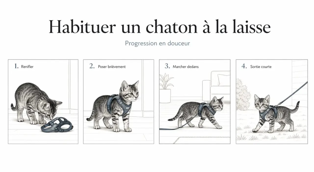 Laisse pour chaton : habituation progressive au harnais et première sortie en jardin calme