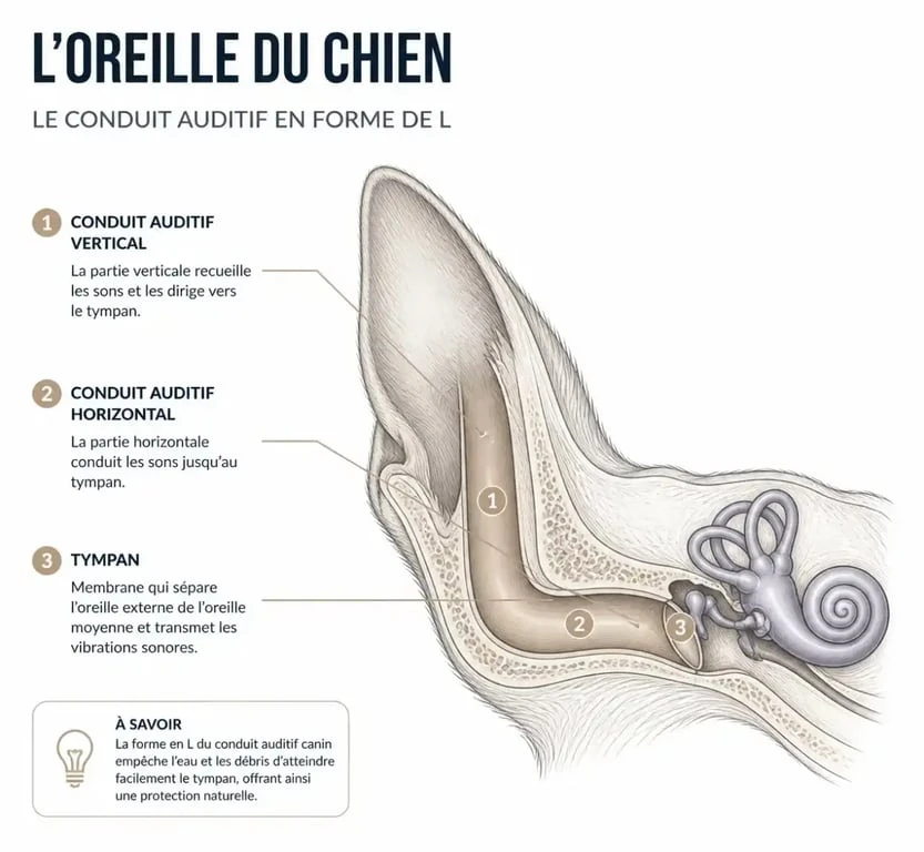 Schéma anatomique de l'oreille d'un chien pour comprendre pourquoi mon chien se gratte les oreilles