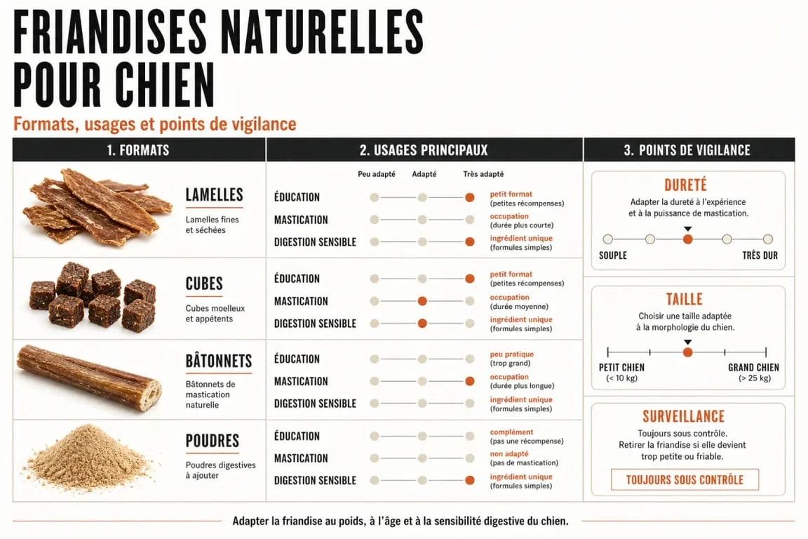 Friandise naturelle pour chien : synthèse visuelle des types, usages et précautions