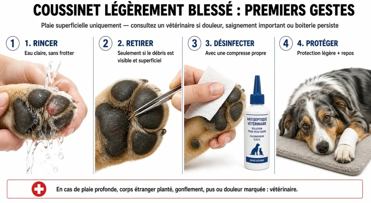 Coussinet chien : premiers gestes pour nettoyer et protéger une petite coupure