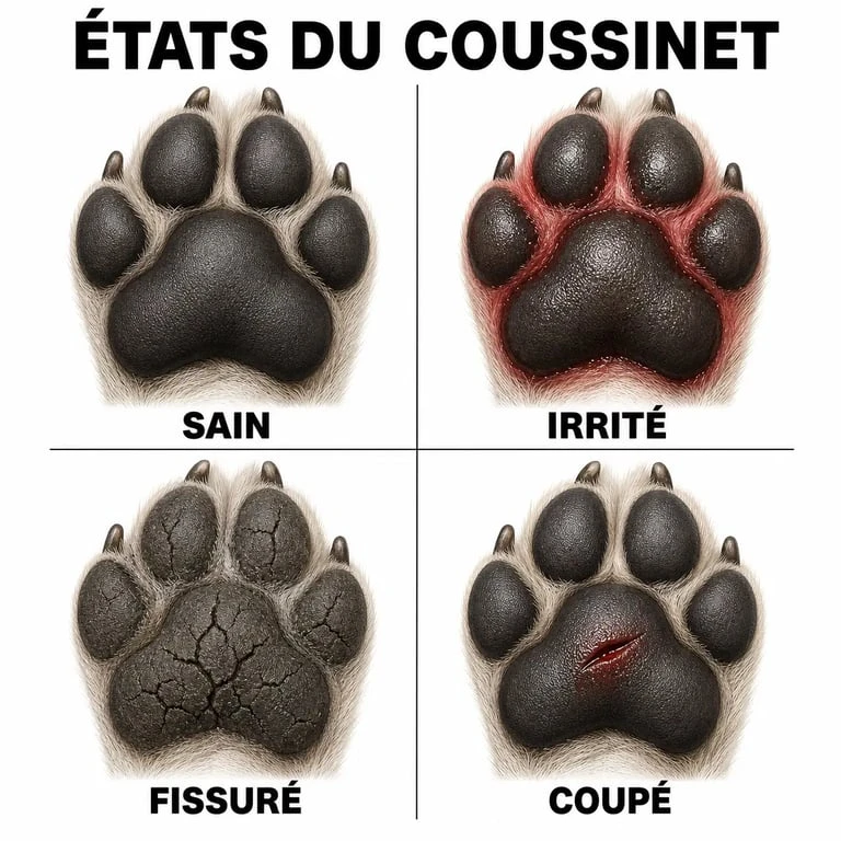 Coussinet chien sain, irrité, fissuré et coupé en comparaison visuelle