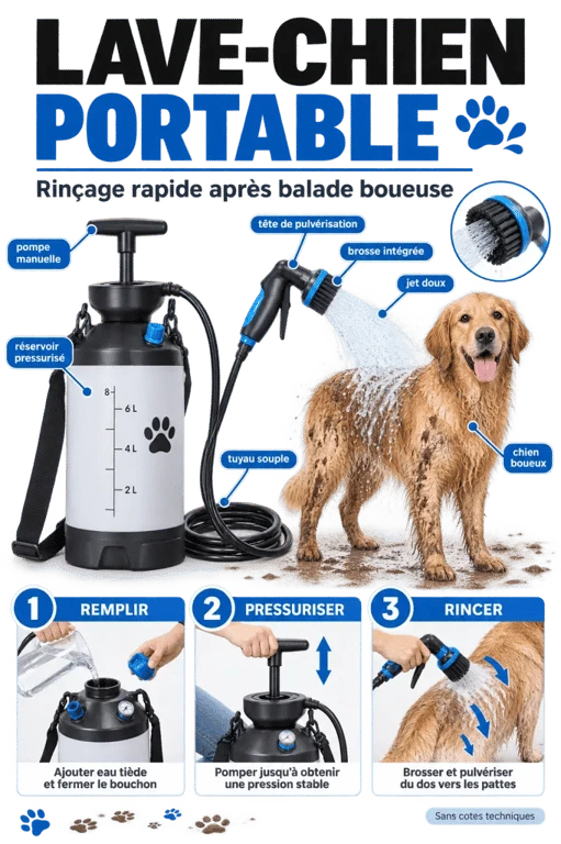 Schéma d’un dog washer portable avec réservoir, tuyau et brosse intégrée