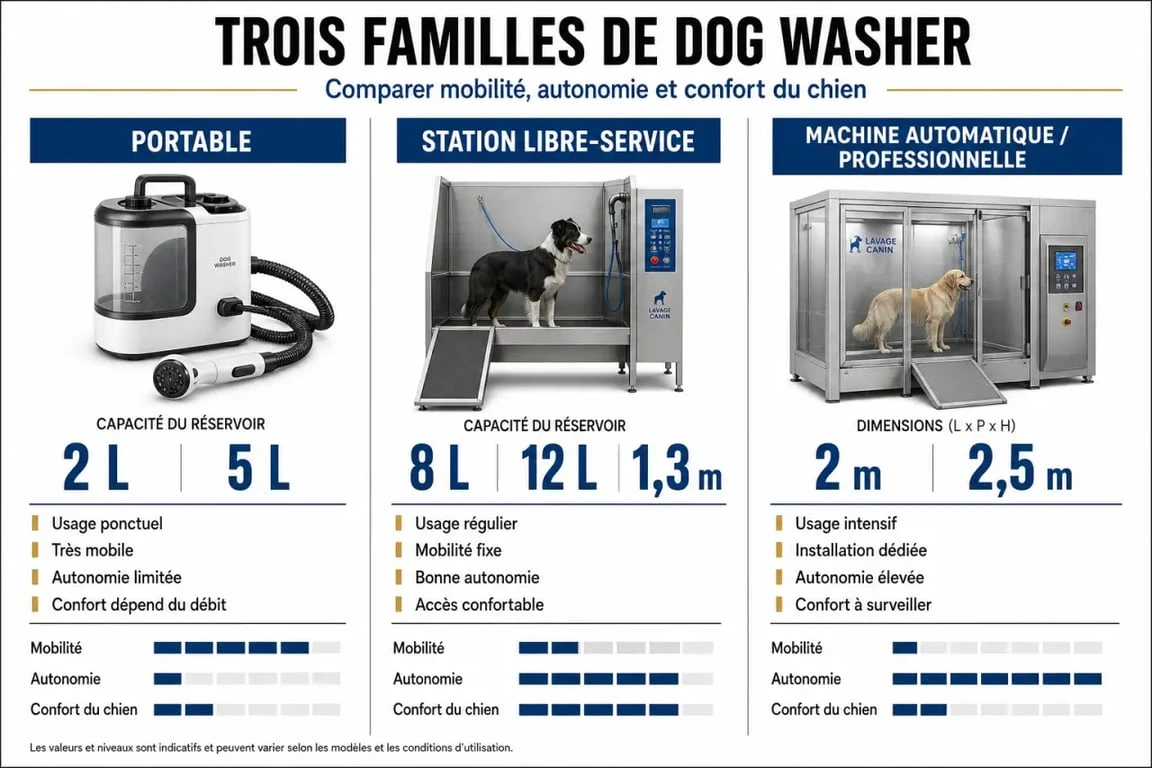 Comparatif dog washer entre modèle portable, station libre-service et machine automatique