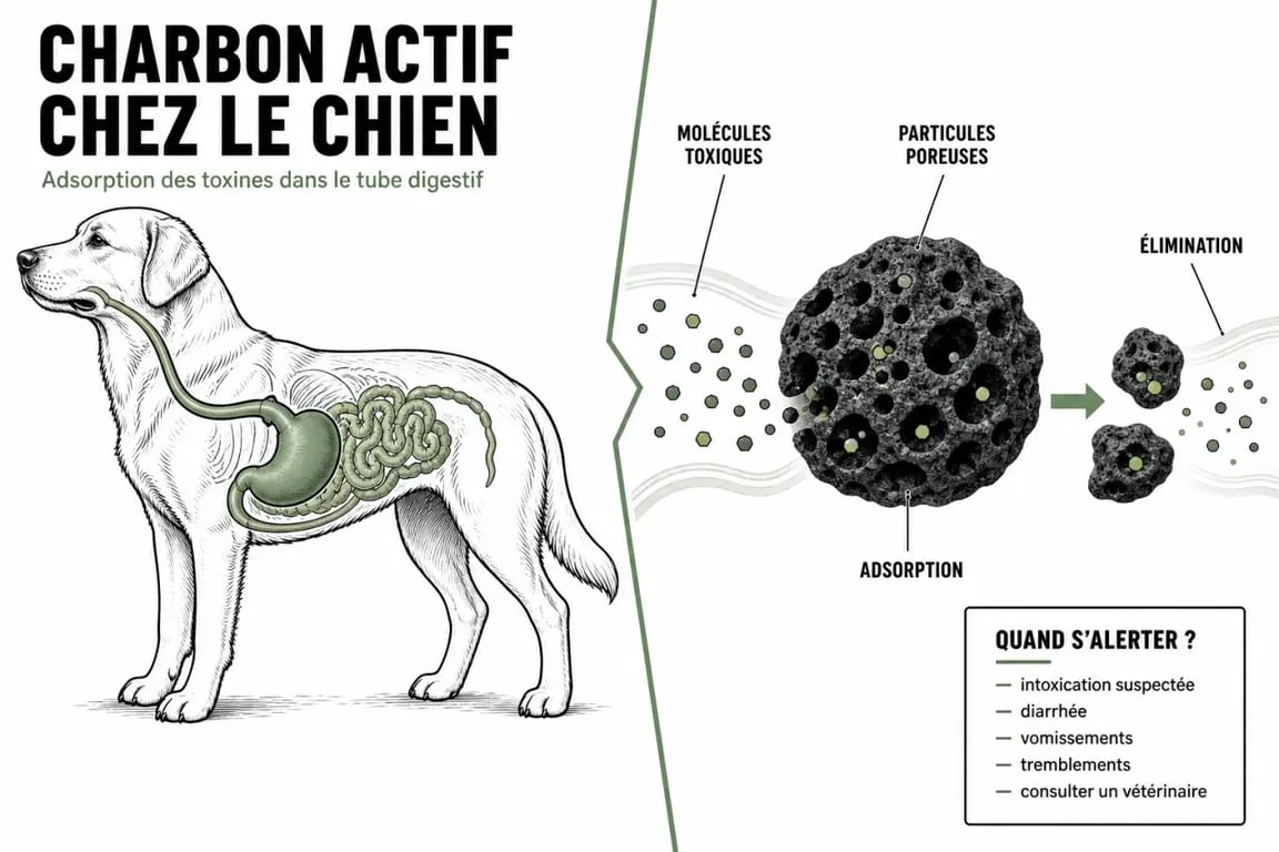 Charbon chien : schéma éditorial du mécanisme d’adsorption et des signes d’alerte chez le chien
