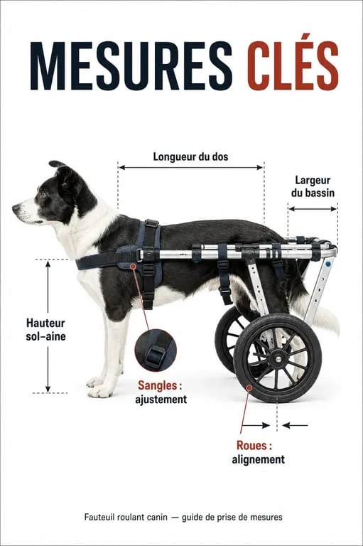 Fauteuil roulant pour chien avec repères de mesure et d’ajustement