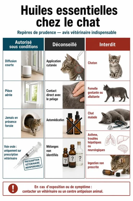 Huiles essentielles chat : tableau visuel des usages autorisés, déconseillés et interdits chez le chat
