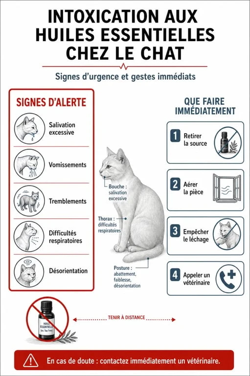Huiles essentielles chat : signes d’intoxication et conduite à tenir en urgence