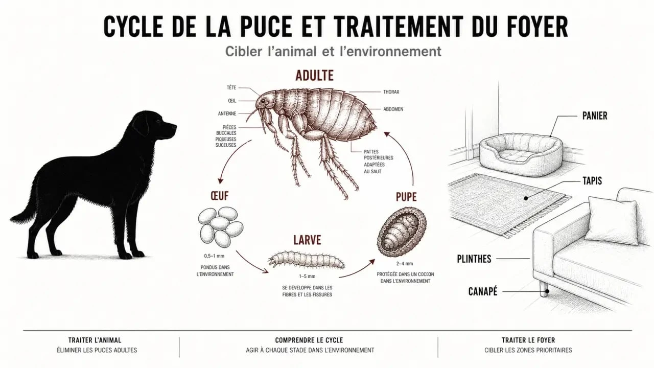Anti puce naturel chien : schéma du cycle de vie des puces et des zones à traiter