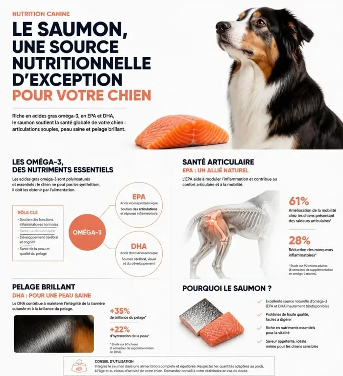 Infographie sur les bienfaits nutritionnels du saumon pour la santé du chien