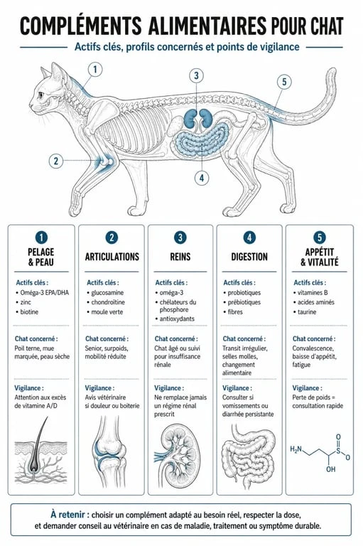 Complément alimentaire chat : infographie comparative des besoins du chat et des actifs clés