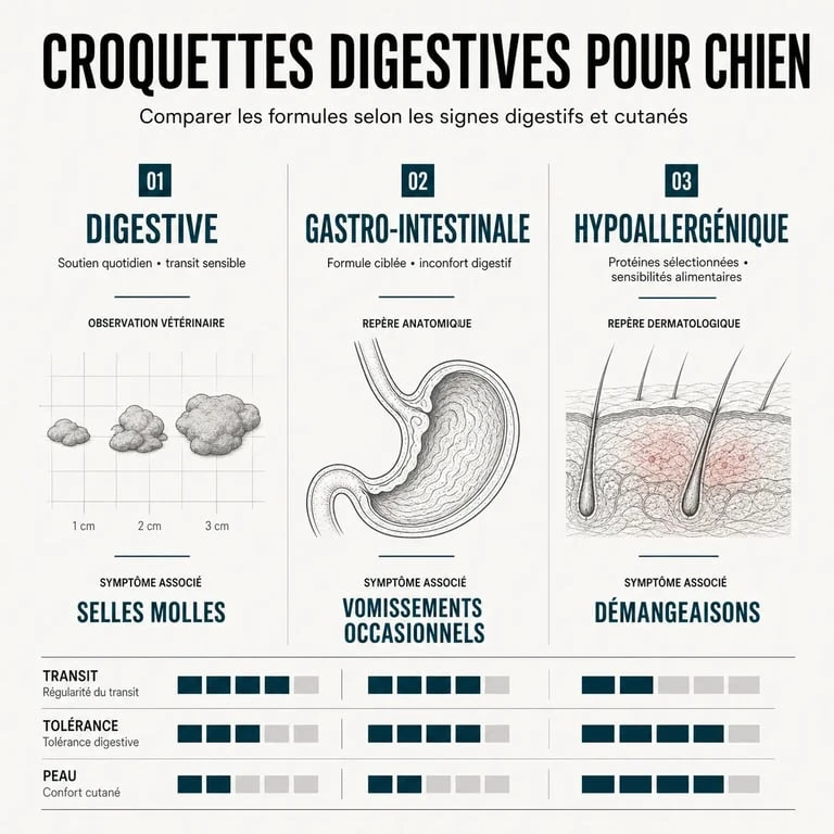 Croquette digestive pour chien : comparaison visuelle des formules digestive, gastro-intestinale et hypoallergénique