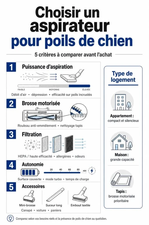 Comparatif des critères d’un aspirateur poil de chiens pour appartement, maison, tapis et textiles