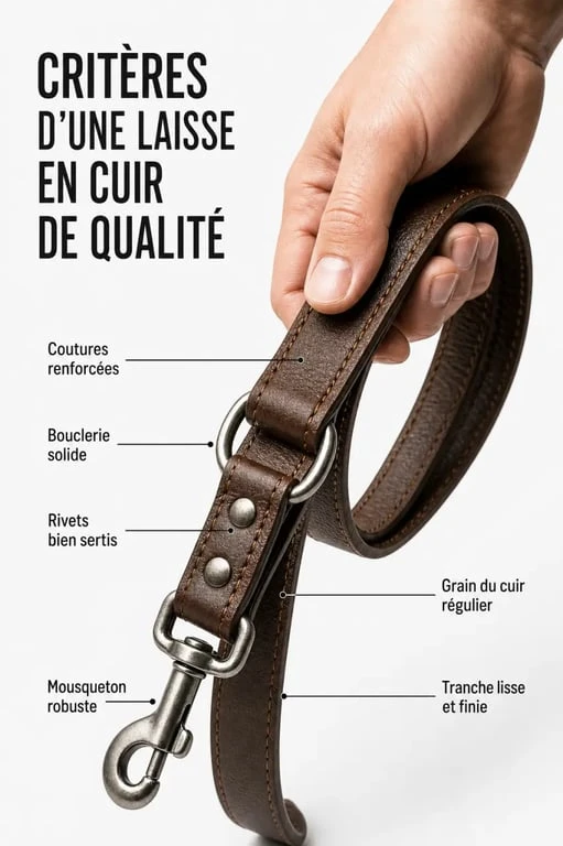 Laisse cuir chien : détails de qualité avec coutures, bouclerie et mousqueton