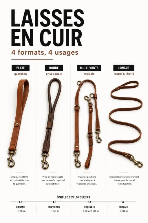 Laisse cuir chien : comparatif visuel des laisses plate, ronde, multipoints et longue
