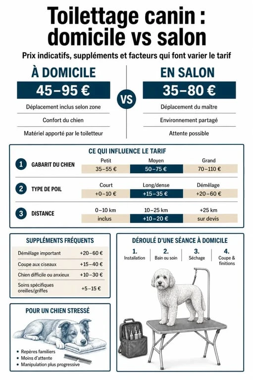 Toiletteur à domicile tarif : comparaison visuelle des prix, des suppléments et des avantages par rapport au salon