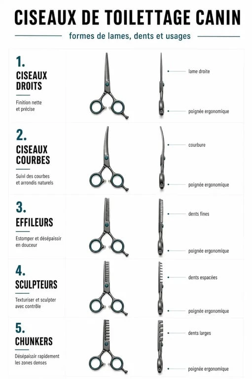 Ciseaux toilettage pour chien : comparaison visuelle des ciseaux droits, courbes, effileurs, sculpteurs et chunkers