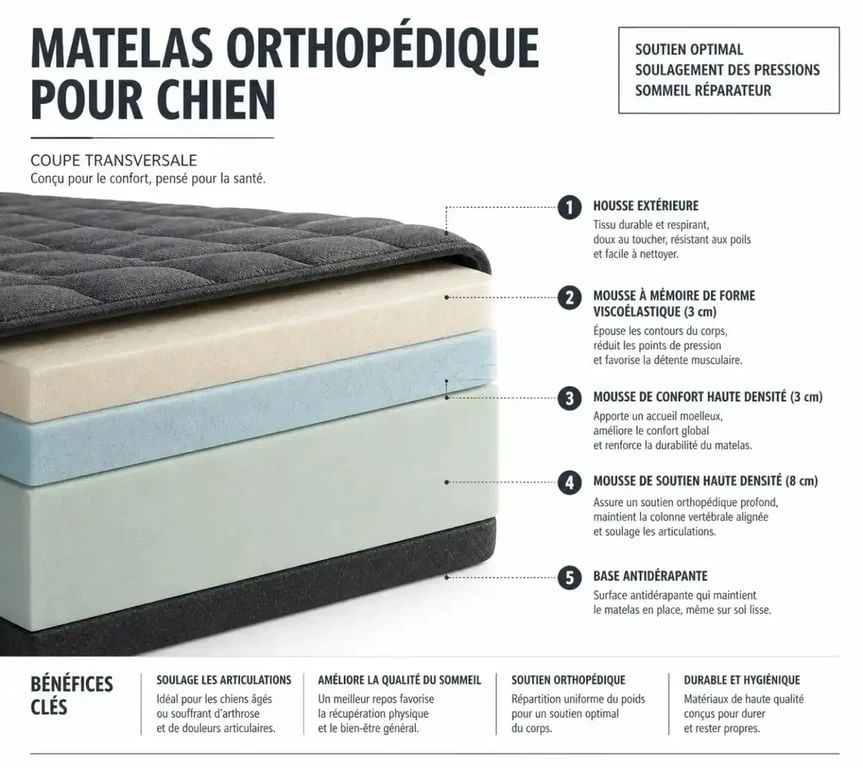 Structure interne du meilleur lit orthopédique pour chien avec mousse à mémoire de forme