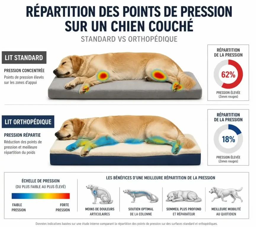 Schéma comparatif de la répartition des points de pression sur le meilleur lit orthopédique pour chien
