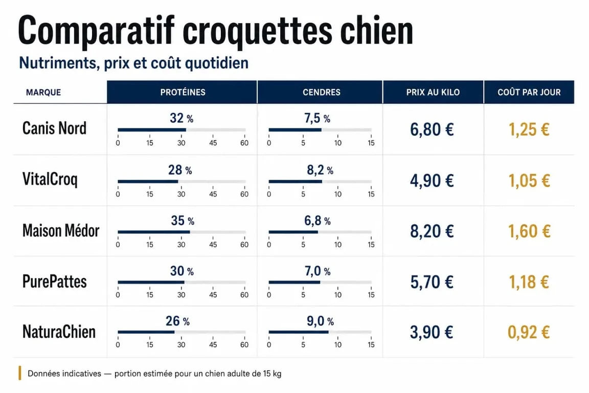 Top 5 des meilleures croquettes pour chien : comparatif visuel des protéines, cendres et prix
