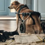 Fauteuil roulant pour chien à deux roues, intérieur, près du harnais