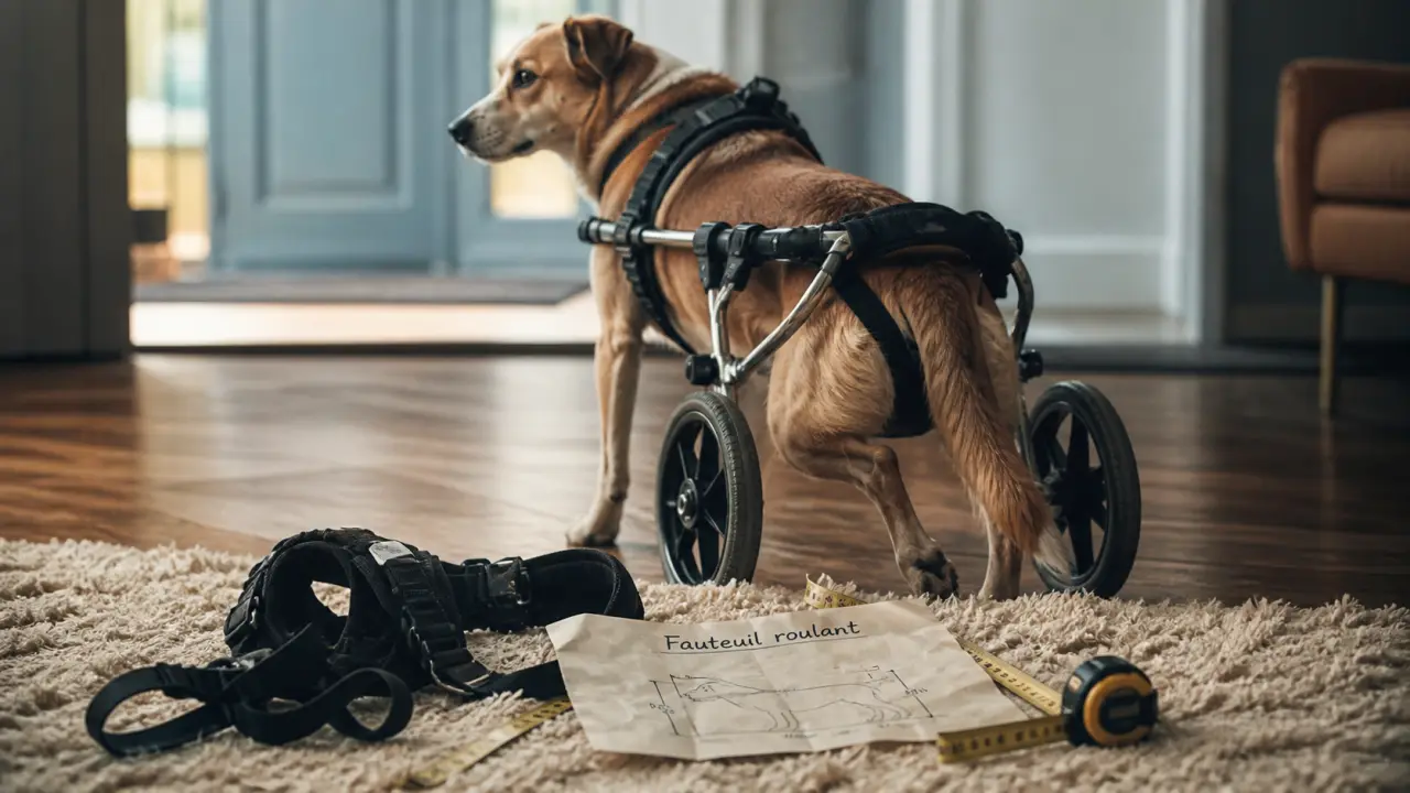 Fauteuil roulant pour chien à deux roues, intérieur, près du harnais