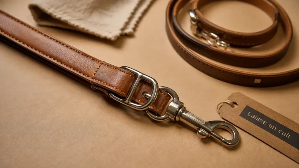 Laisse cuir chien brune, résistante et confortable, gros plan