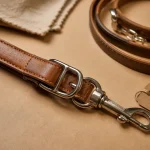 Laisse cuir chien brune, résistante et confortable, gros plan