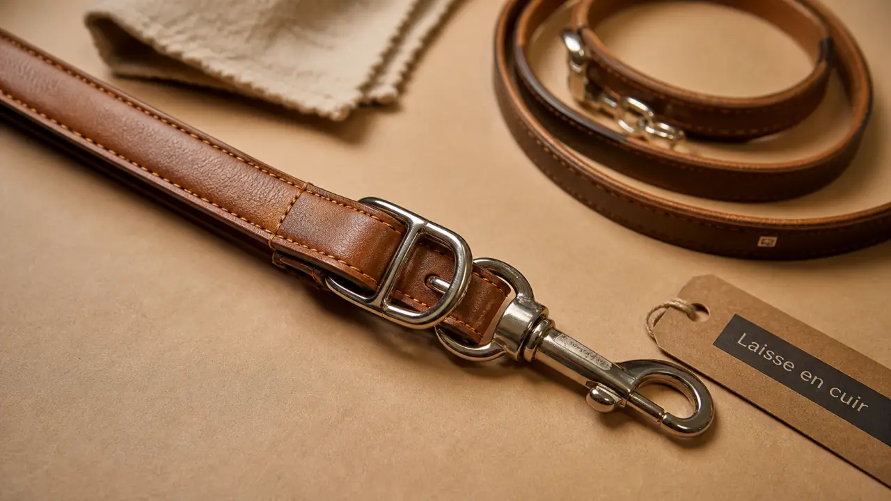 Laisse cuir chien brune, résistante et confortable, gros plan