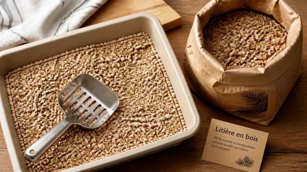 Litiere bois chat avec pellets en bac