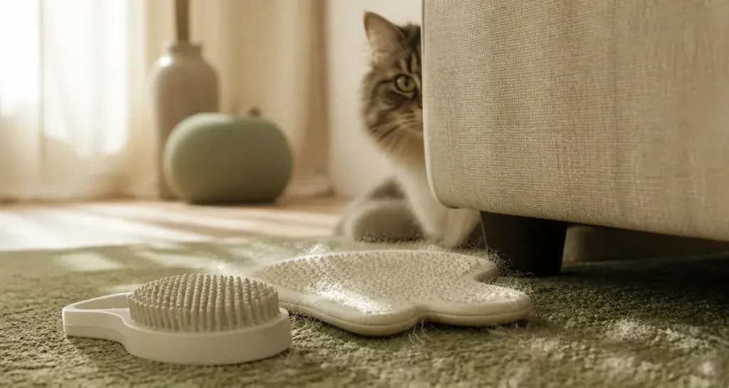 Poils de chat : brosse et gant de toilettage pour limiter la perte de poils