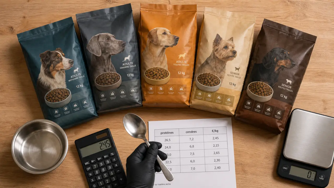 Top 5 des meilleures croquettes pour chien : protéines et cendres en tableau nutritionnel